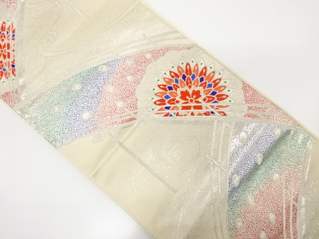 橋に孔雀羽根・華紋模様織り出し　袋帯